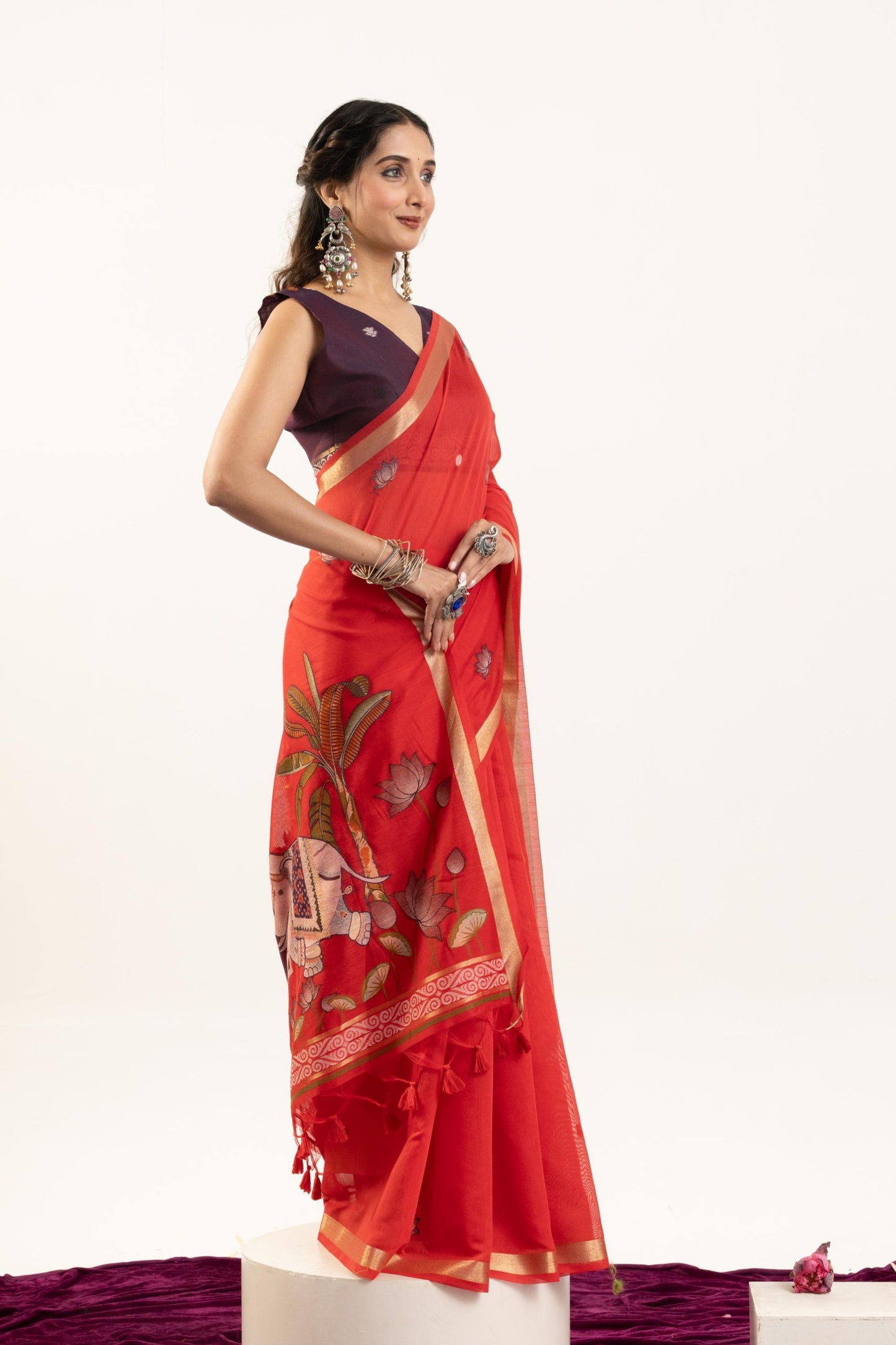 Red Floral Printed Saree Golden Border Traditional Saree