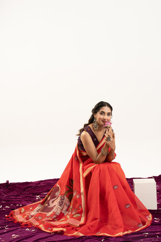 Red Floral Printed Saree Golden Border Traditional Saree