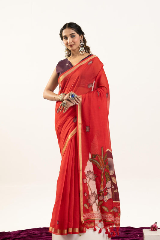 Red Floral Printed Saree Golden Border Traditional Saree