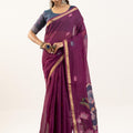 Purple Floral Printed Saree Golden Border Traditional Saree