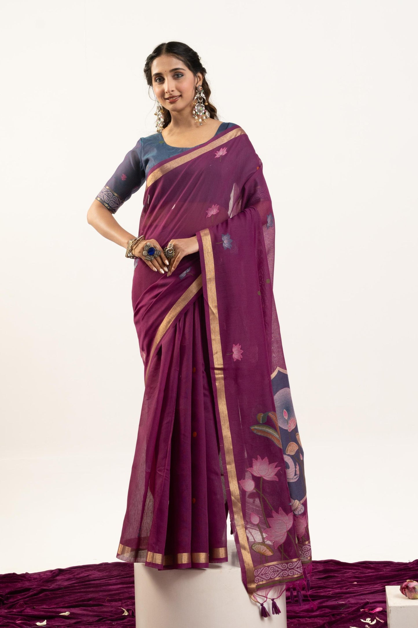 Purple Floral Printed Saree Golden Border Traditional Saree