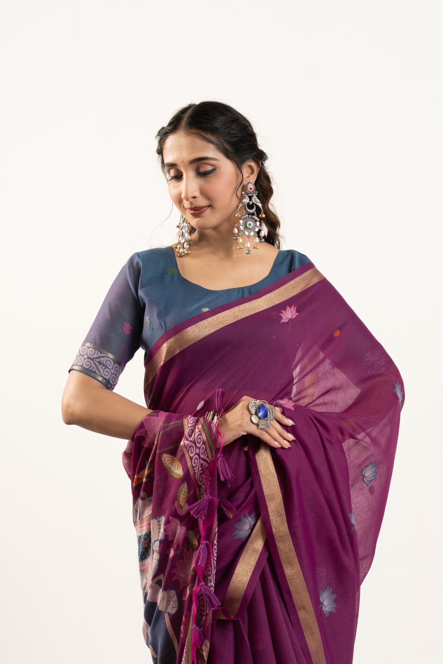 Purple Floral Printed Saree Golden Border Traditional Saree