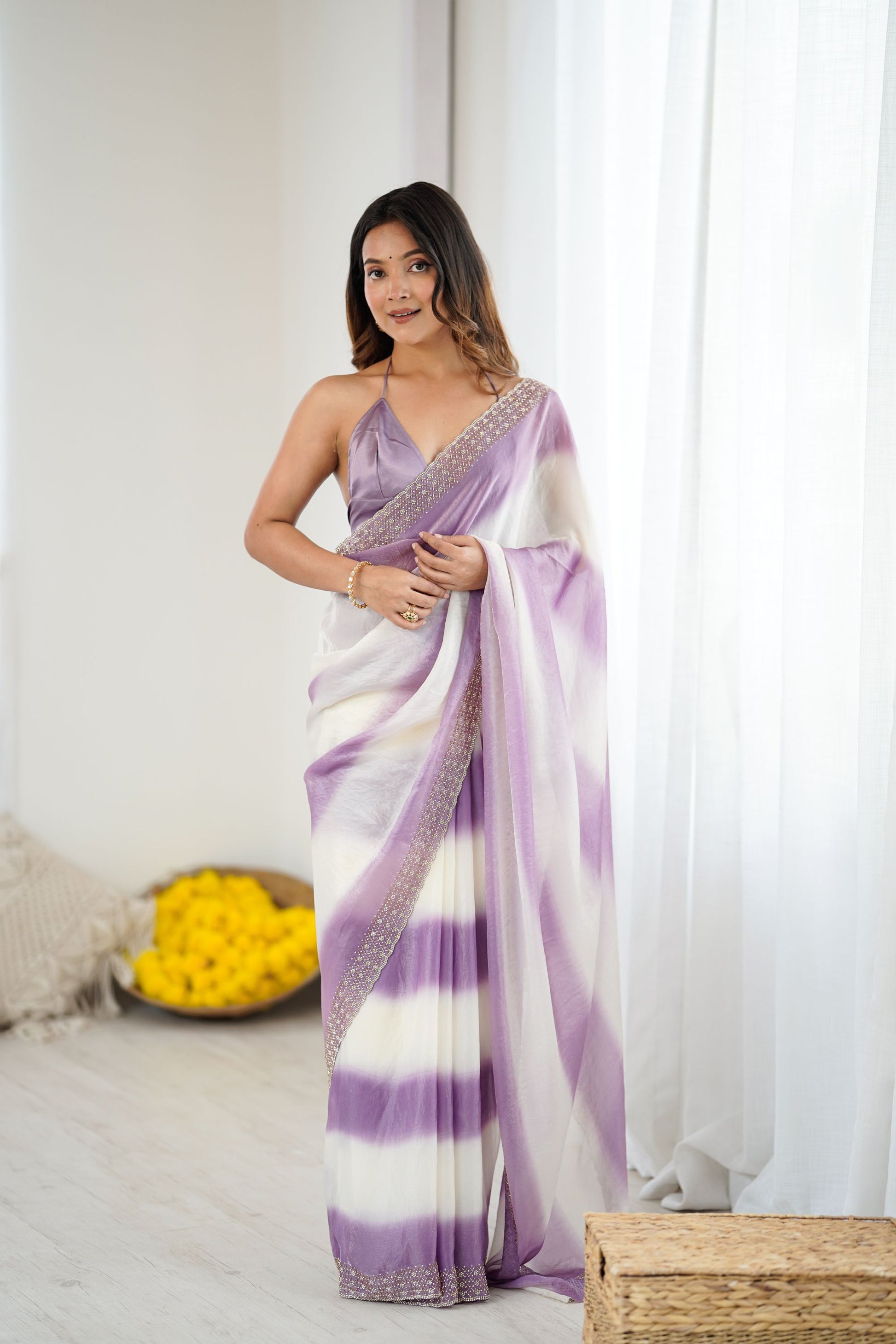 Lavender White Tie-Dye Saree Sequin Border Party Wear Saree 