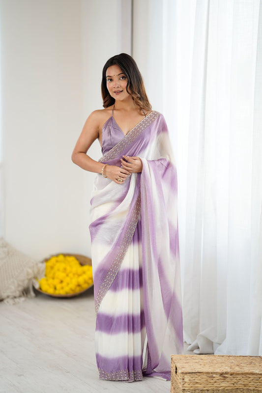Lavender White Tie-Dye Saree Sequin Border Party Wear Saree 