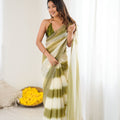 Olive Green Cream Tie-Dye Saree Sequin Border Party Wear Saree 