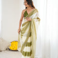 Olive Green Cream Tie-Dye Saree Sequin Border Party Wear Saree