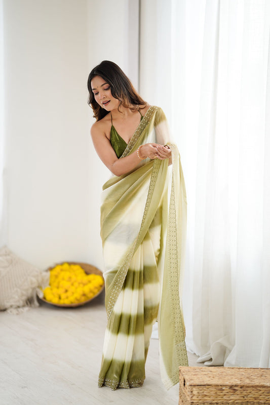 Olive Green Cream Tie-Dye Saree Sequin Border Party Wear Saree