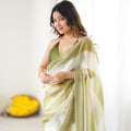 Olive Green Cream Tie-Dye Saree Sequin Border Party Wear Saree