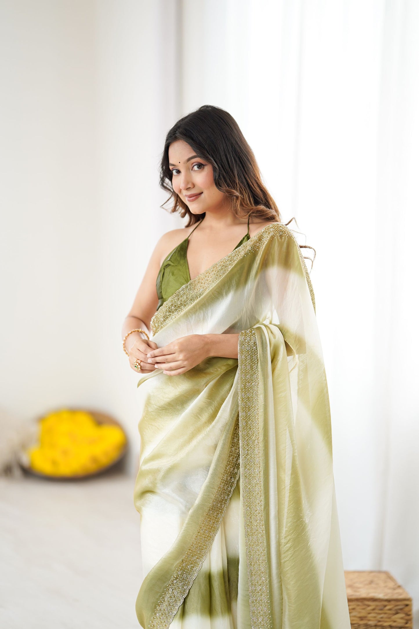 Olive Green Cream Tie-Dye Saree Sequin Border Party Wear Saree