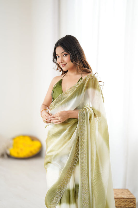 Olive Green Cream Tie-Dye Saree Sequin Border Party Wear Saree