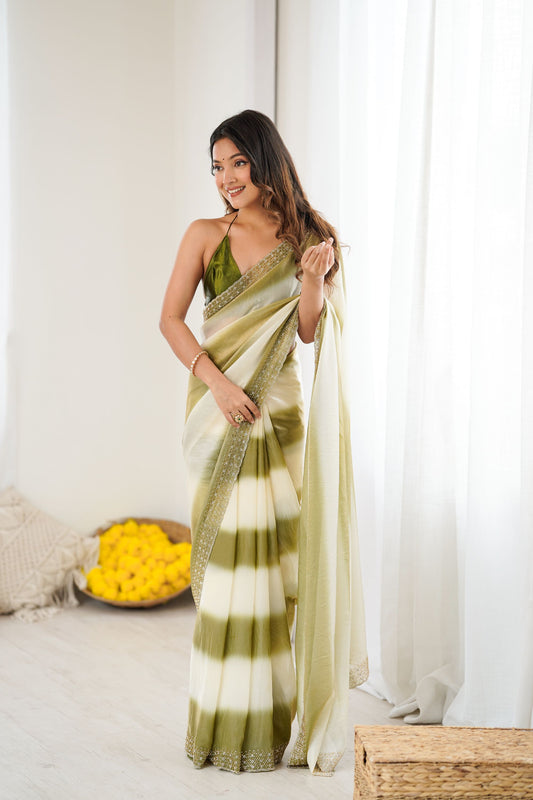 Olive Green Cream Tie-Dye Saree Sequin Border Party Wear Saree 