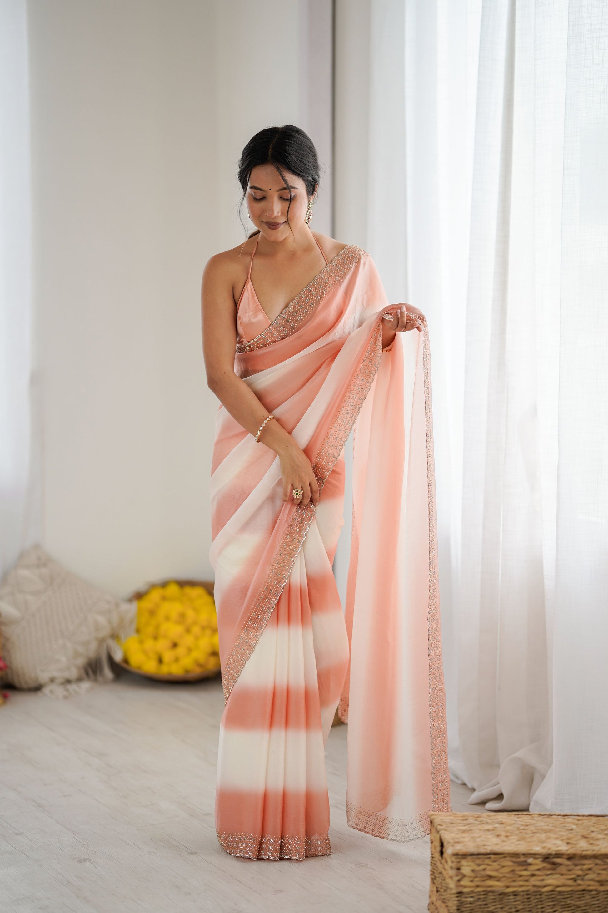 Peach Cream Tie-Dye Saree with Sequin Border Party Wear Saree