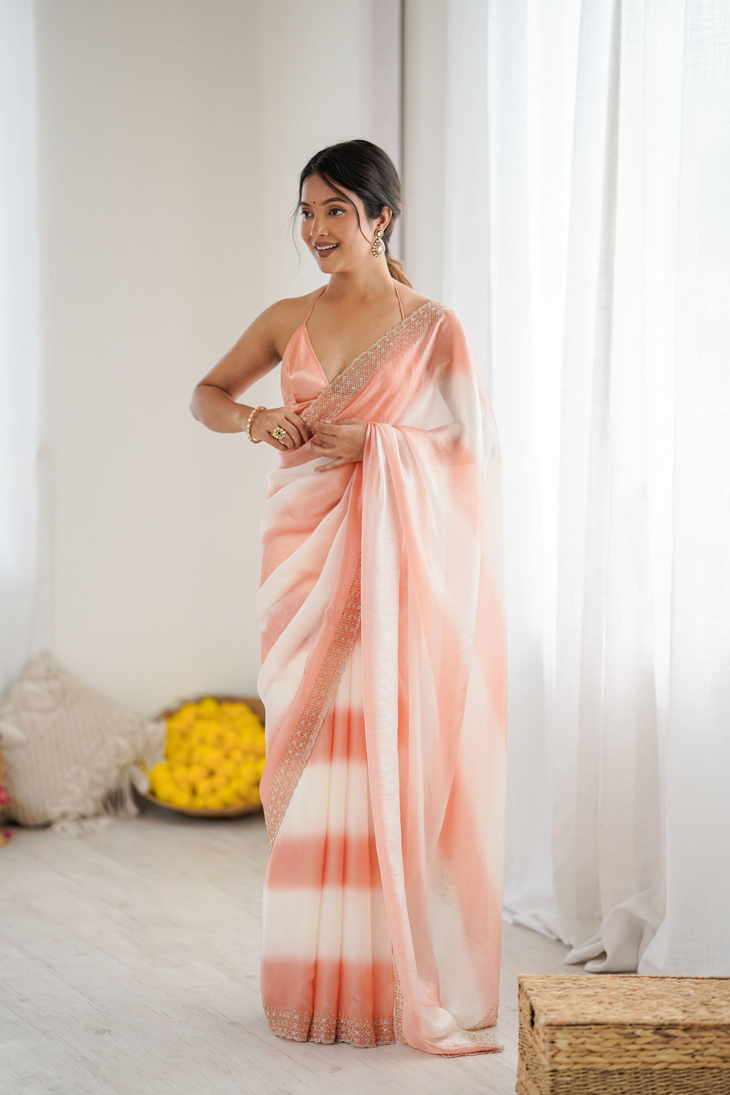 Peach Cream Tie-Dye Saree with Sequin Border Party Wear Saree