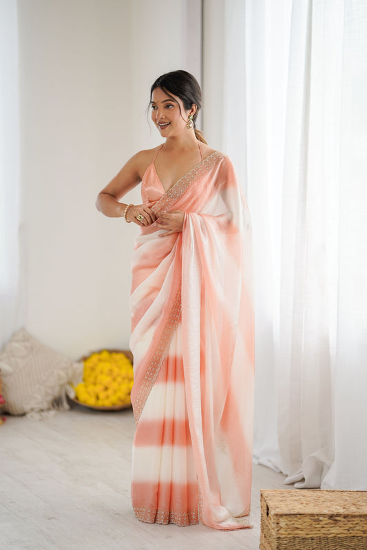Peach Cream Tie-Dye Saree with Sequin Border Party Wear Saree
