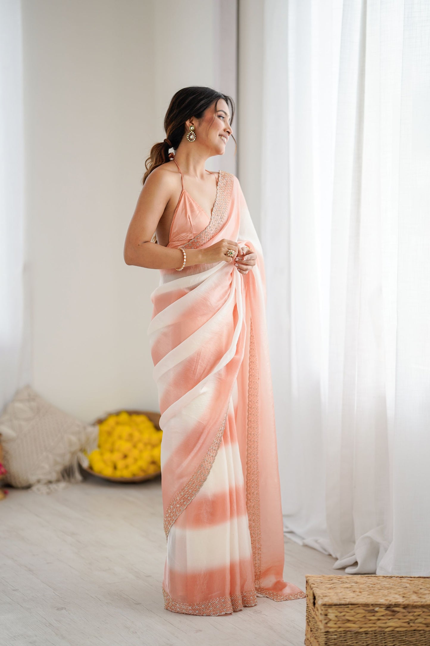 Peach Cream Tie-Dye Saree with Sequin Border Party Wear Saree