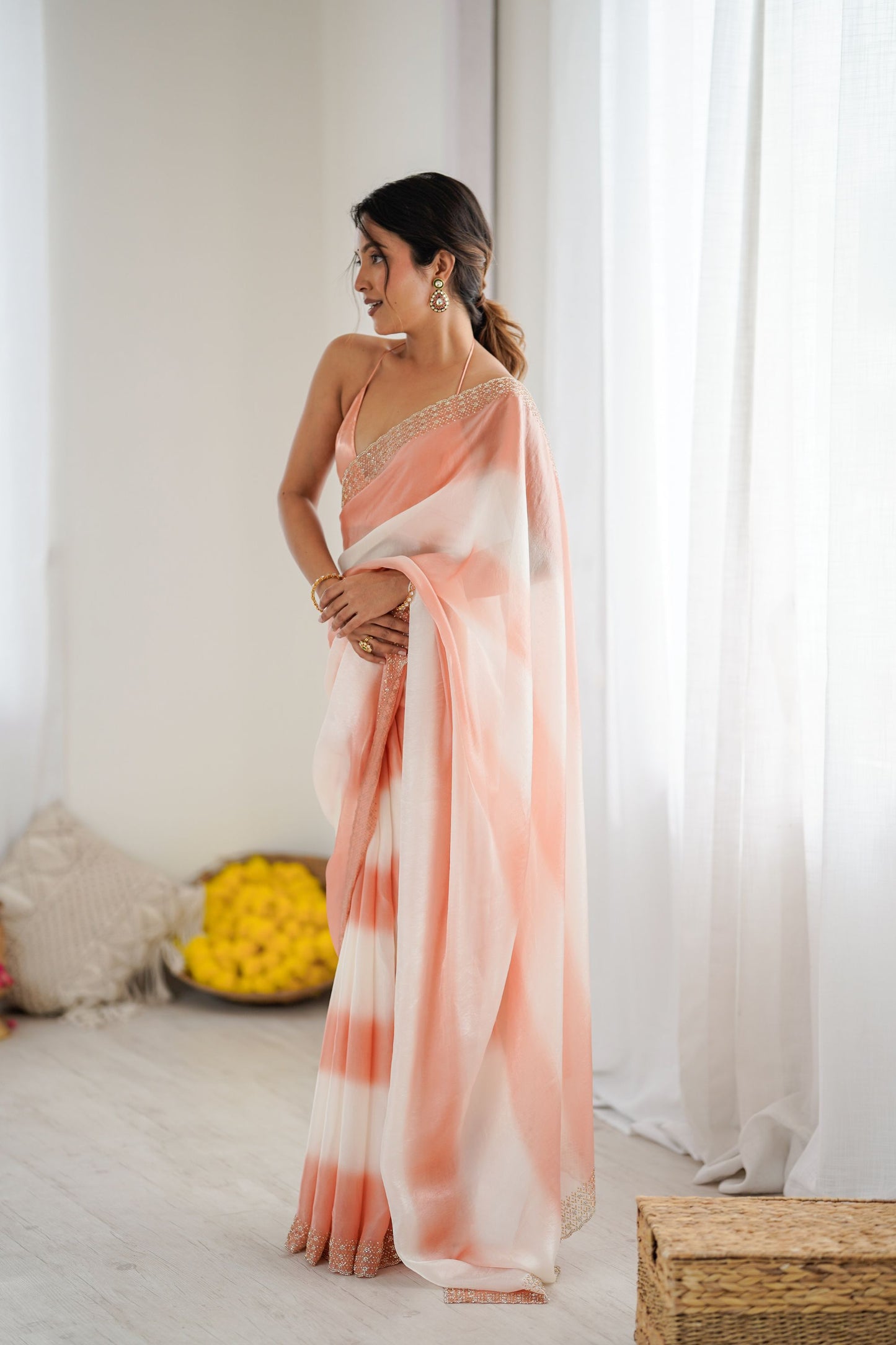 Peach Cream Tie-Dye Saree with Sequin Border Party Wear Saree