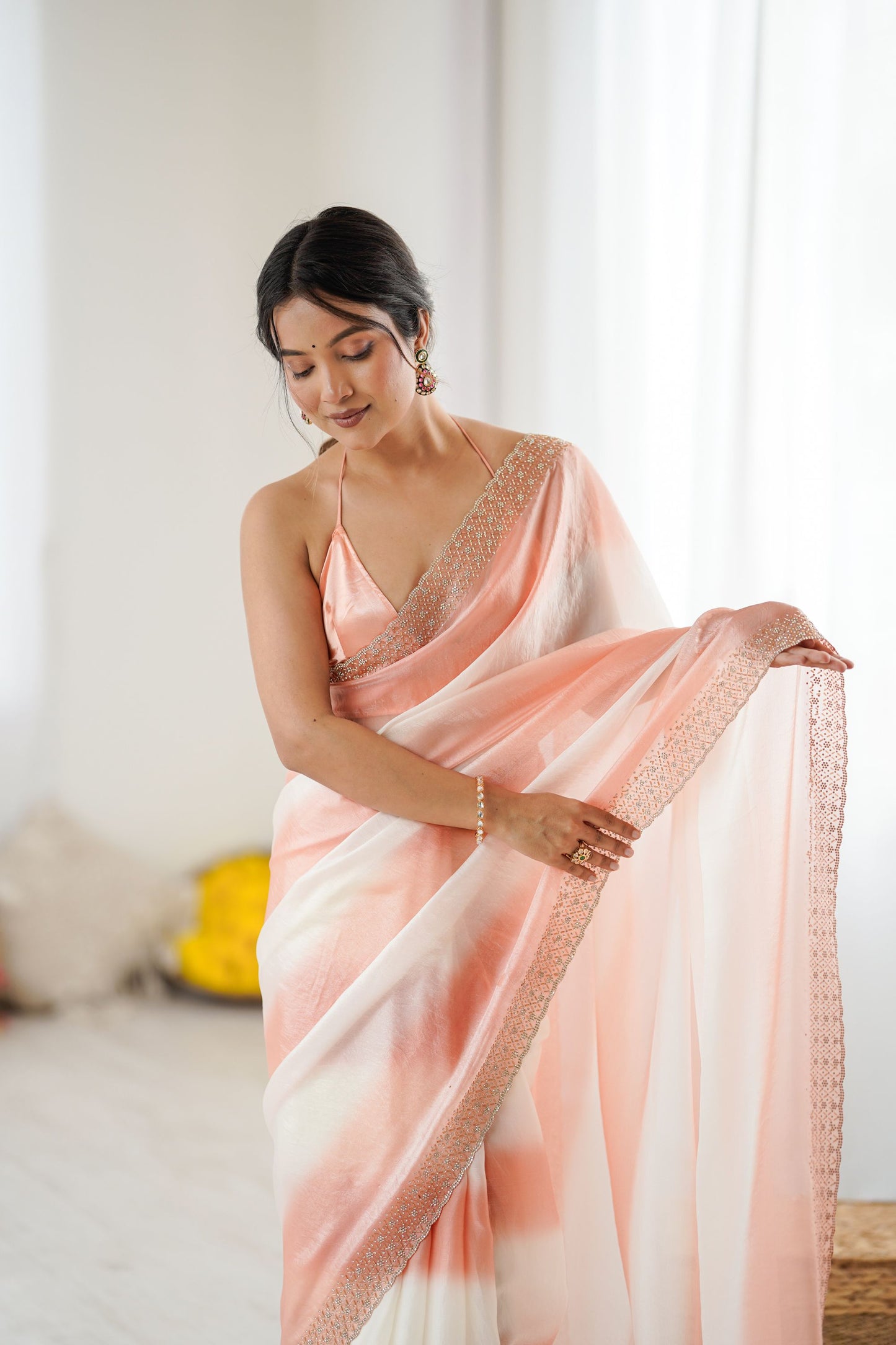 Peach Cream Tie-Dye Saree with Sequin Border Party Wear Saree