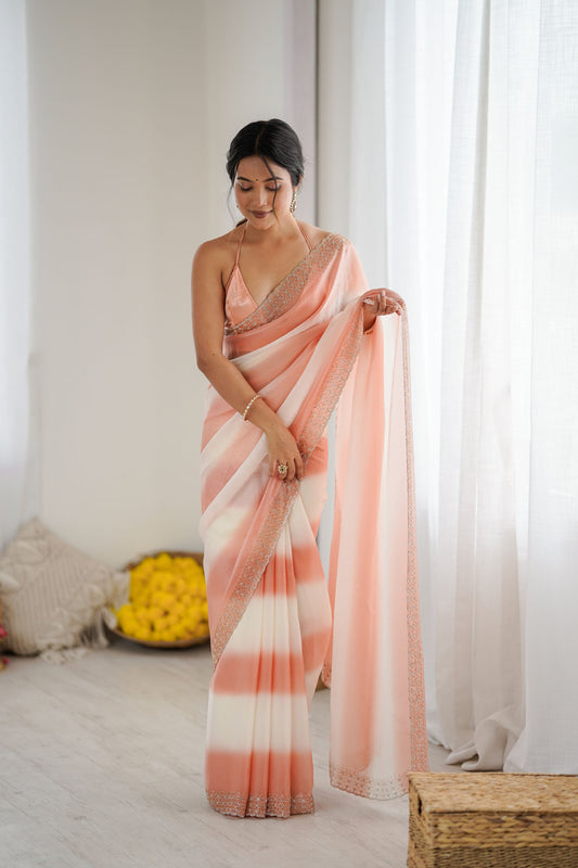 Peach Cream Tie-Dye Saree with Sequin Border Party Wear Saree