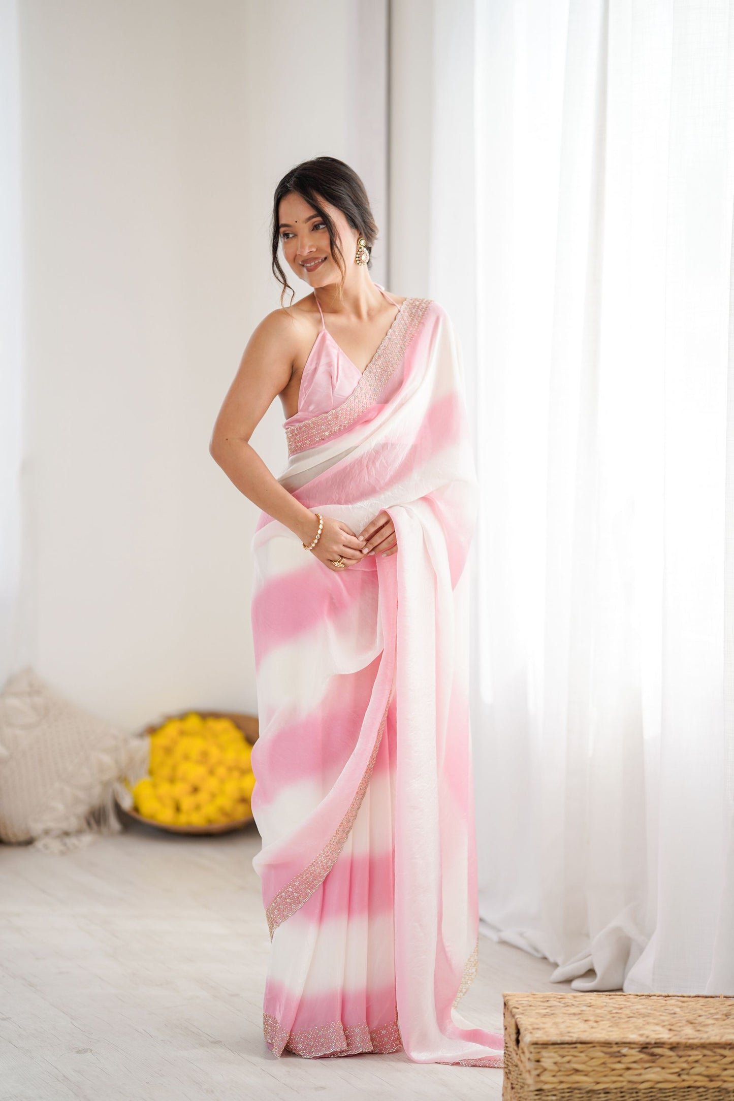 Pink White Tie-Dye Saree Sequin Border Designer Party Wear Saree