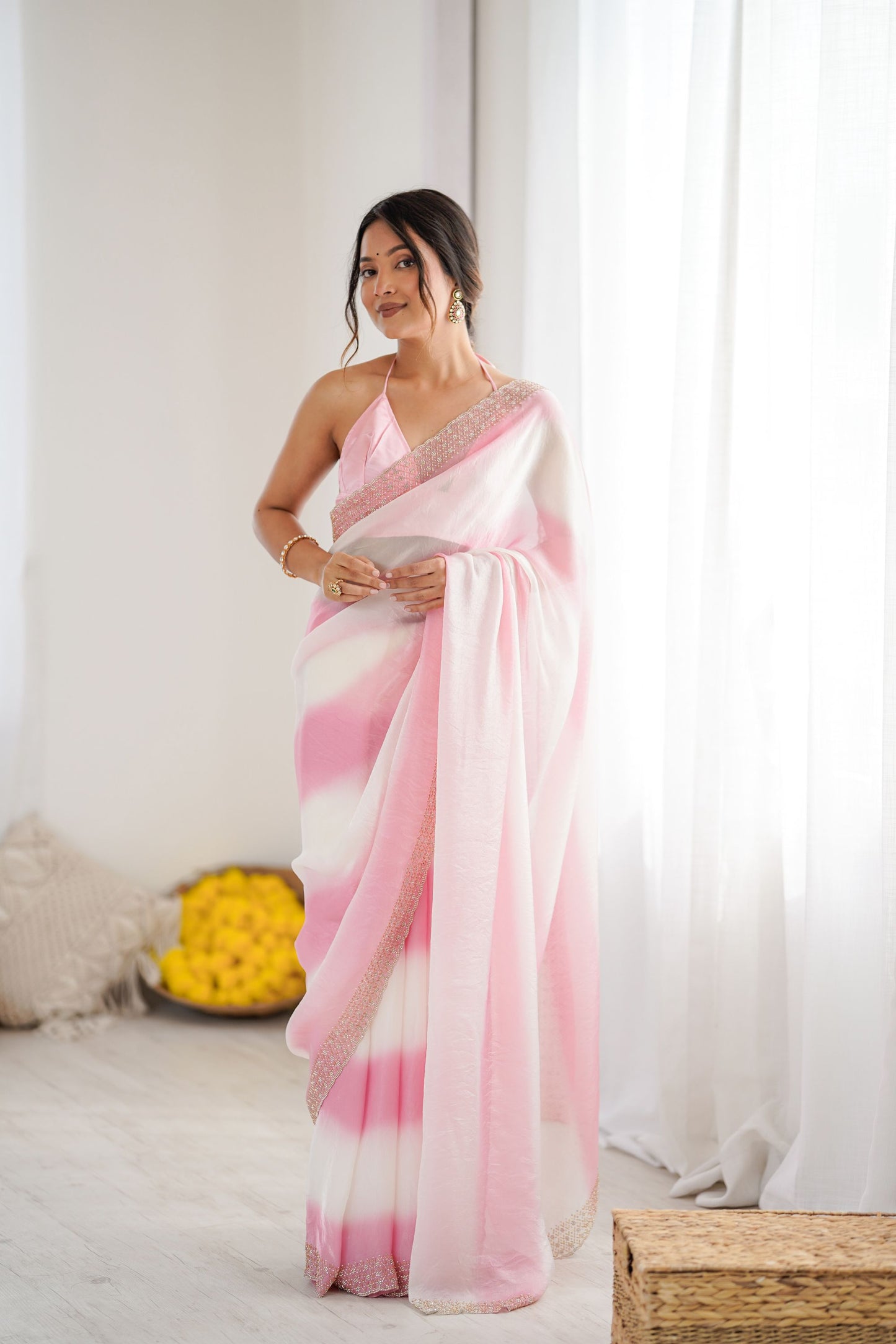 Pink White Tie-Dye Saree Sequin Border Designer Party Wear Saree