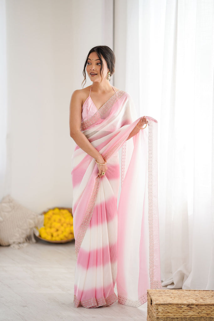 Pink White Tie-Dye Saree Sequin Border Designer Party Wear Saree 