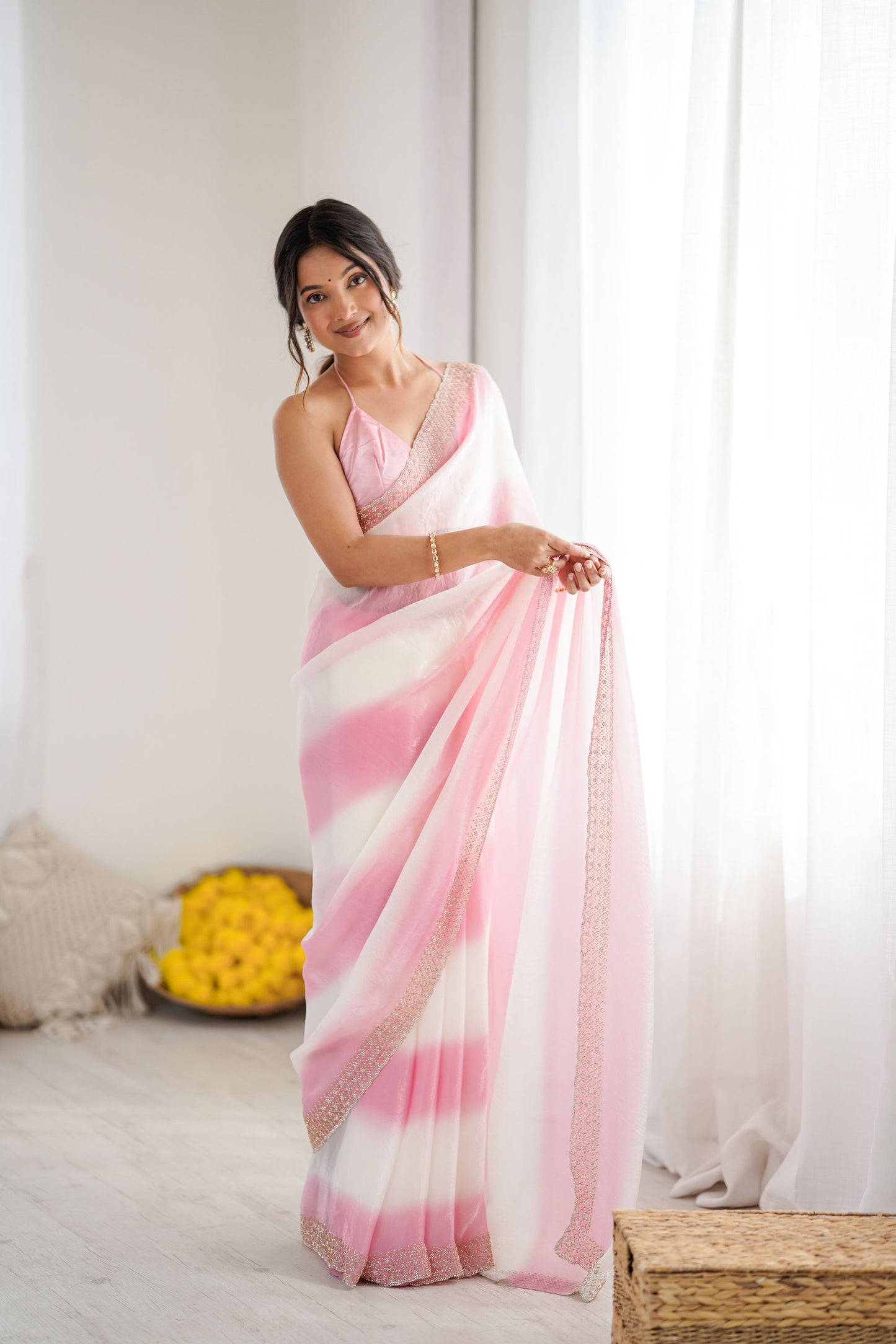 Pink White Tie-Dye Saree Sequin Border Designer Party Wear Saree