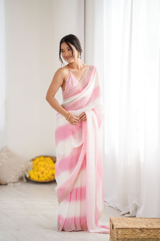Pink White Tie-Dye Saree Sequin Border Designer Party Wear Saree
