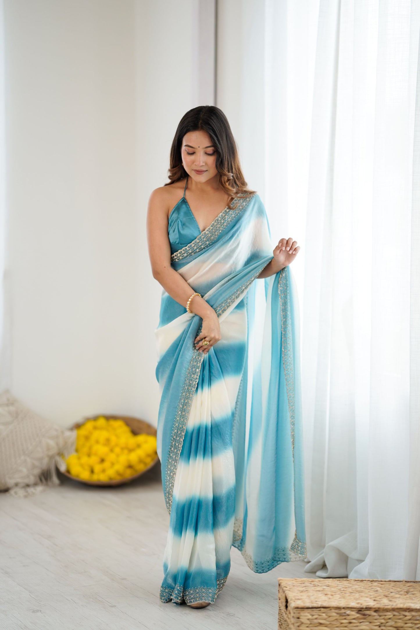 Sky Blue White Tie-Dye Saree Sequin Border Party Wear Saree