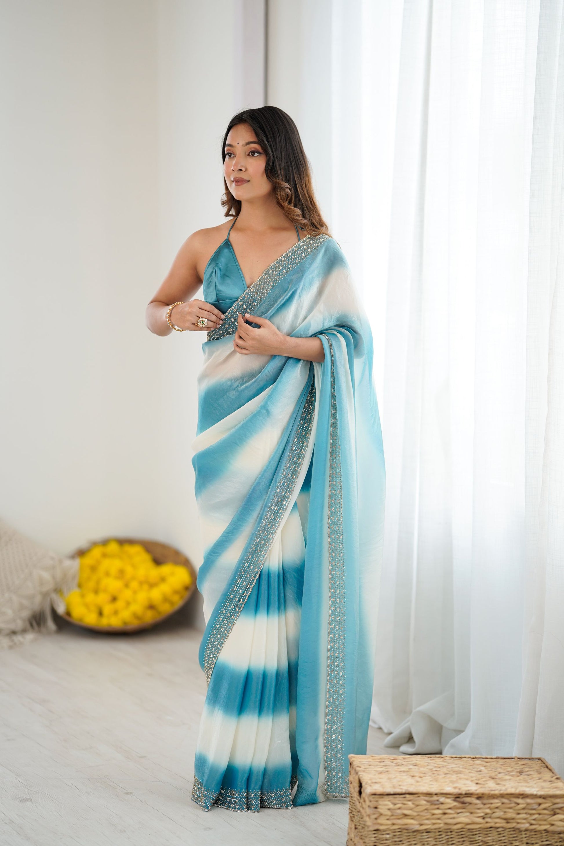 Sky Blue White Tie-Dye Saree Sequin Border Party Wear Saree 