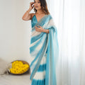 Sky Blue White Tie-Dye Saree Sequin Border Party Wear Saree