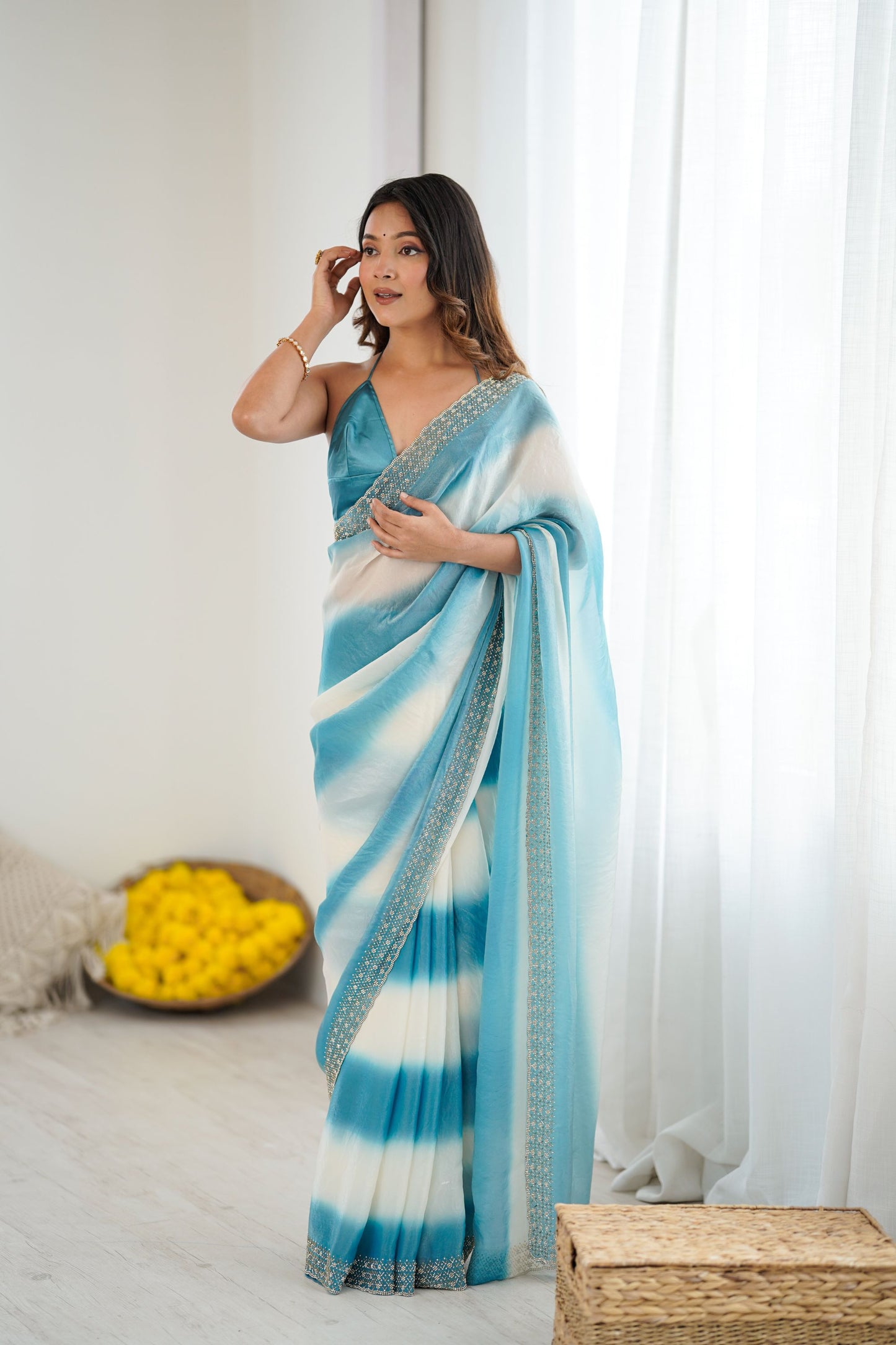 Sky Blue White Tie-Dye Saree Sequin Border Party Wear Saree