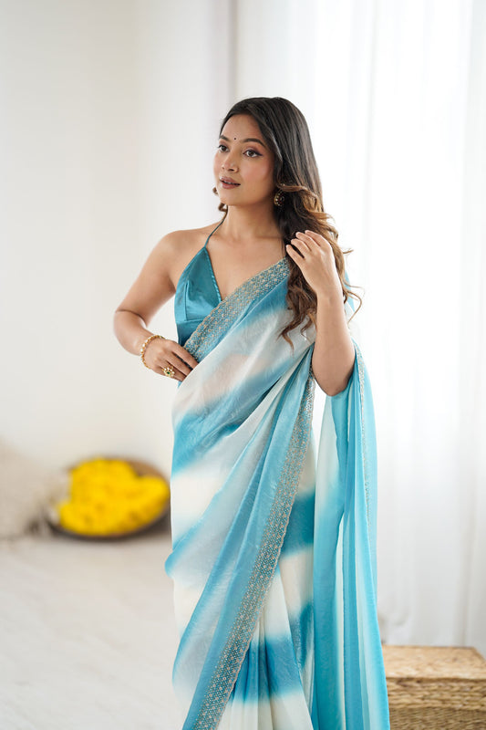 Sky Blue White Tie-Dye Saree Sequin Border Party Wear Saree