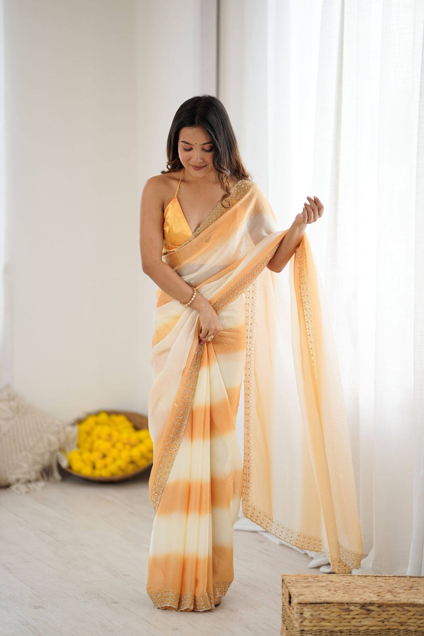 Golden Peach Ombre Designer Saree Zari Border Party Wear