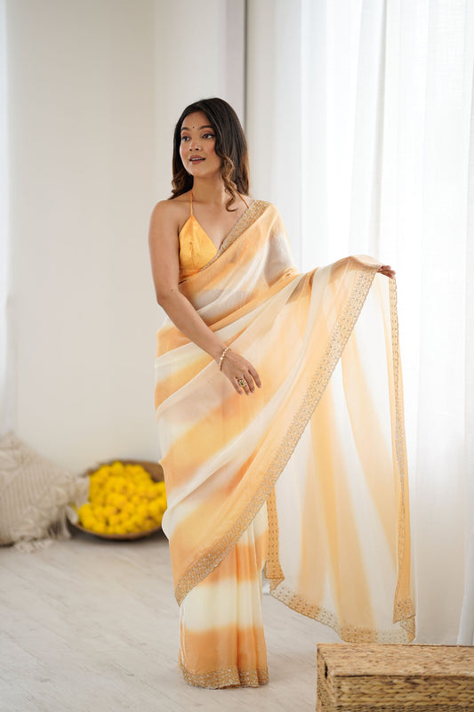 Golden Peach Ombre Designer Saree Zari Border Party Wear