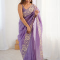 Lavender Purple Designer Saree Gold Floral Zari Border Party Wear