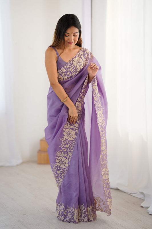 Lavender Purple Designer Saree Gold Floral Zari Border Party Wear
