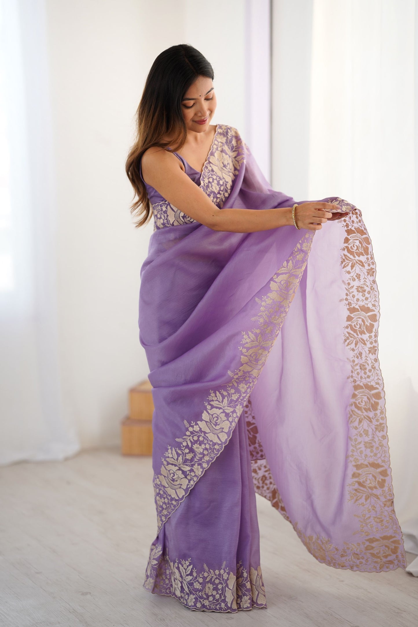 Lavender Purple Designer Saree Gold Floral Zari Border Party Wear