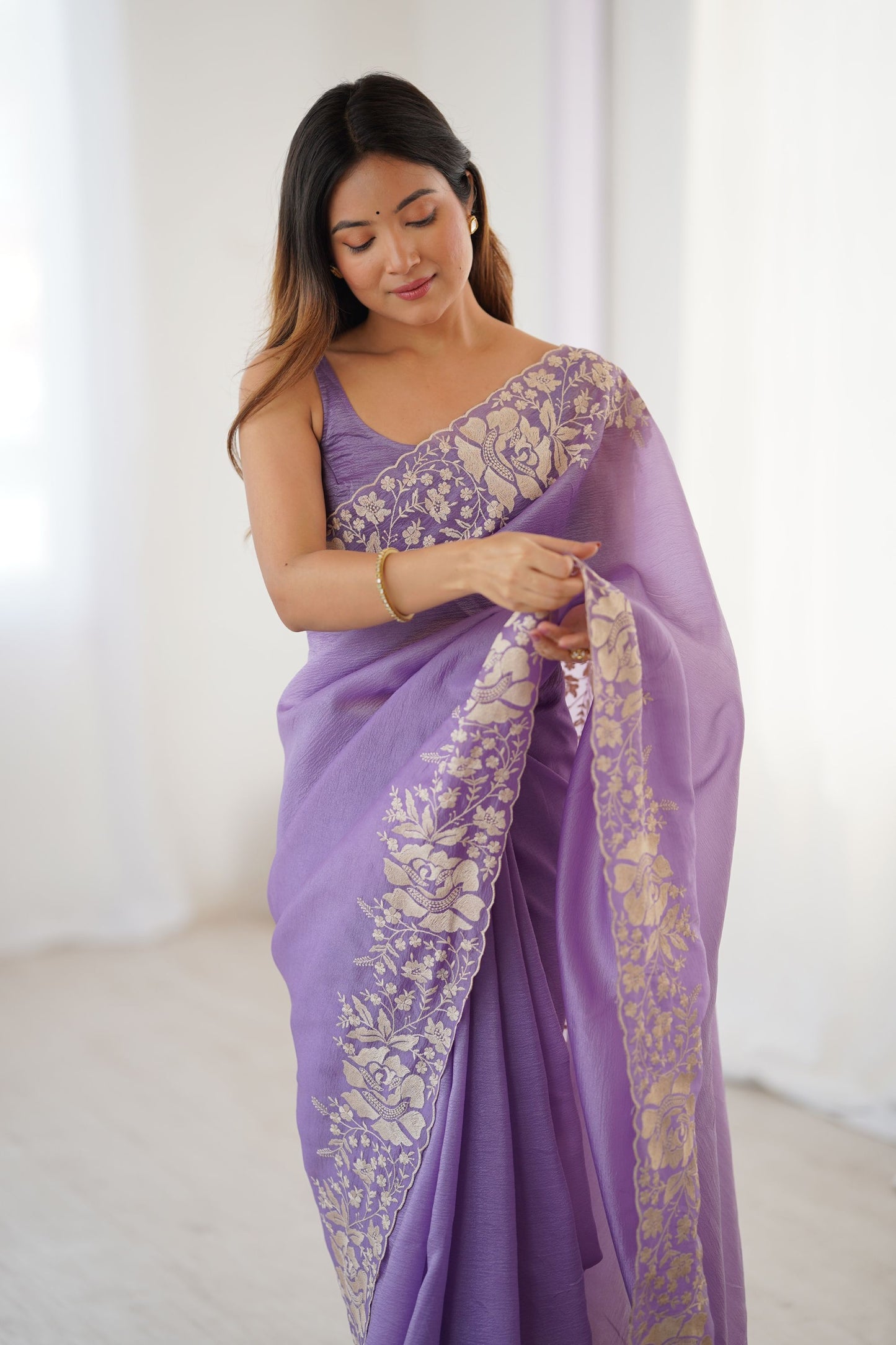 Lavender Purple Designer Saree Gold Floral Zari Border Party Wear