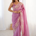 Pink Designer Saree Gold Floral Zari Border Party Wear Saree
