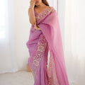 Pink Designer Saree Gold Floral Zari Border Party Wear Saree