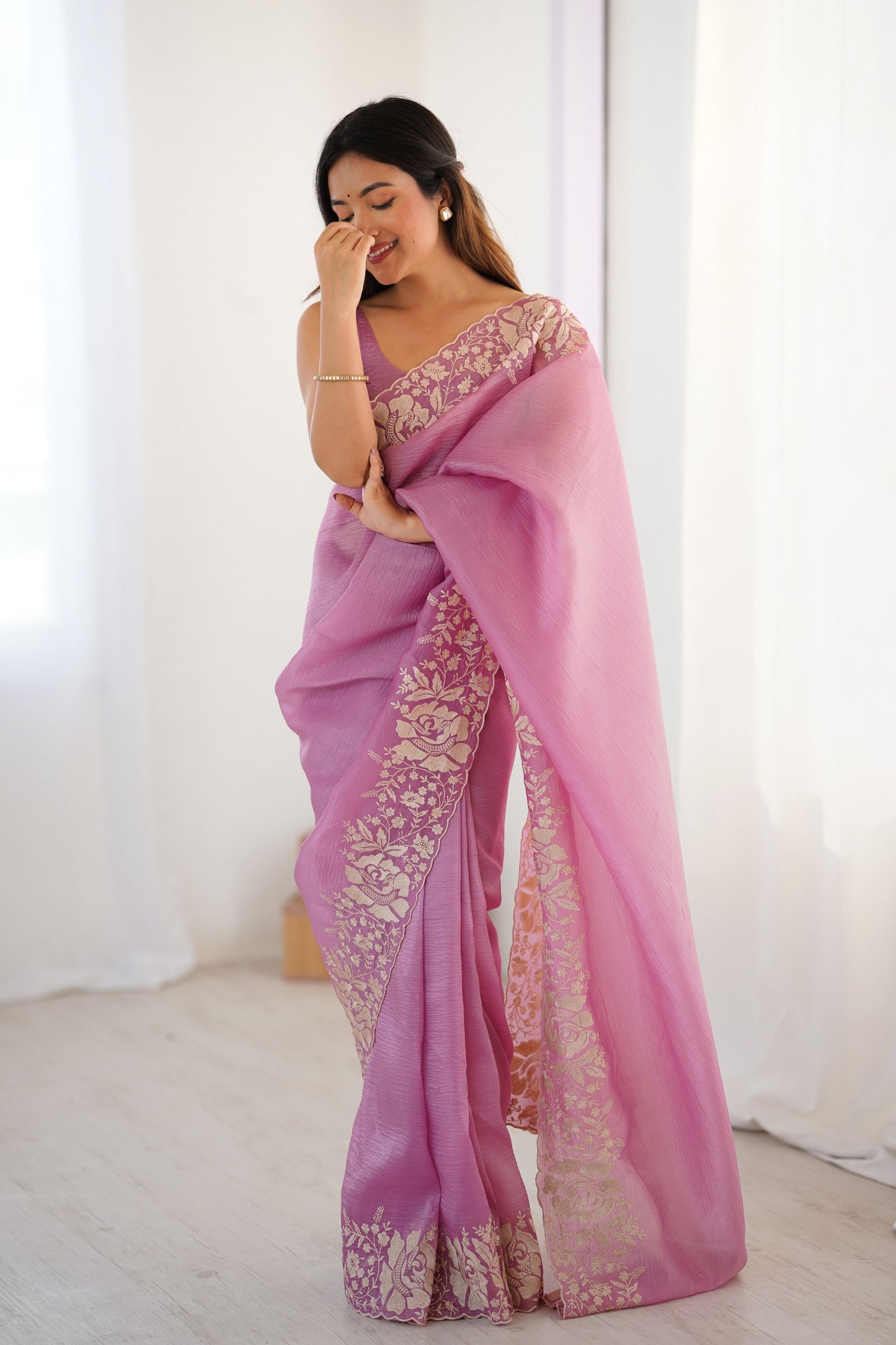 Pink Designer Saree Gold Floral Zari Border Party Wear Saree