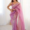  Pink Designer Saree Gold Floral Zari Border Party Wear Saree 
