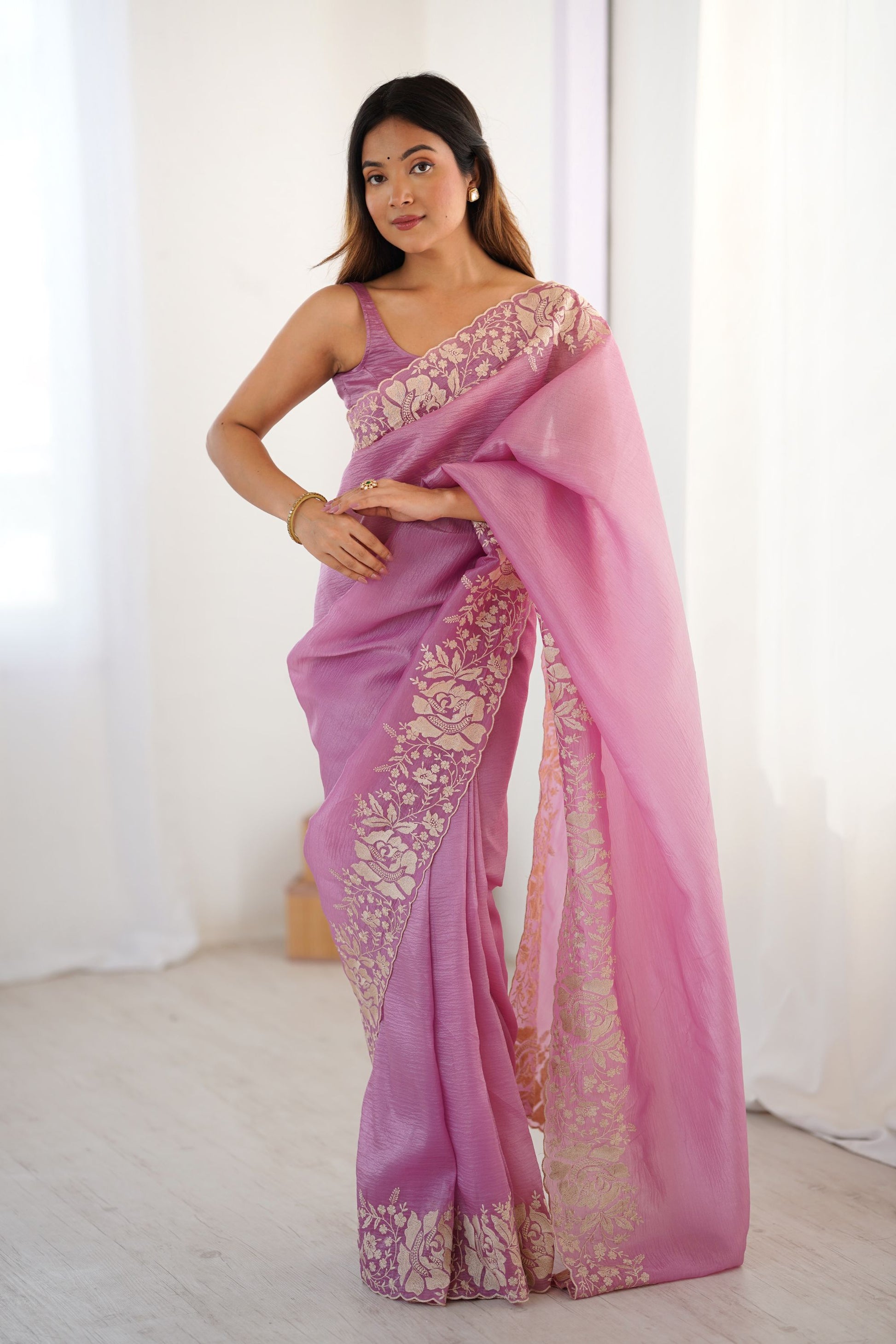  Pink Designer Saree Gold Floral Zari Border Party Wear Saree 