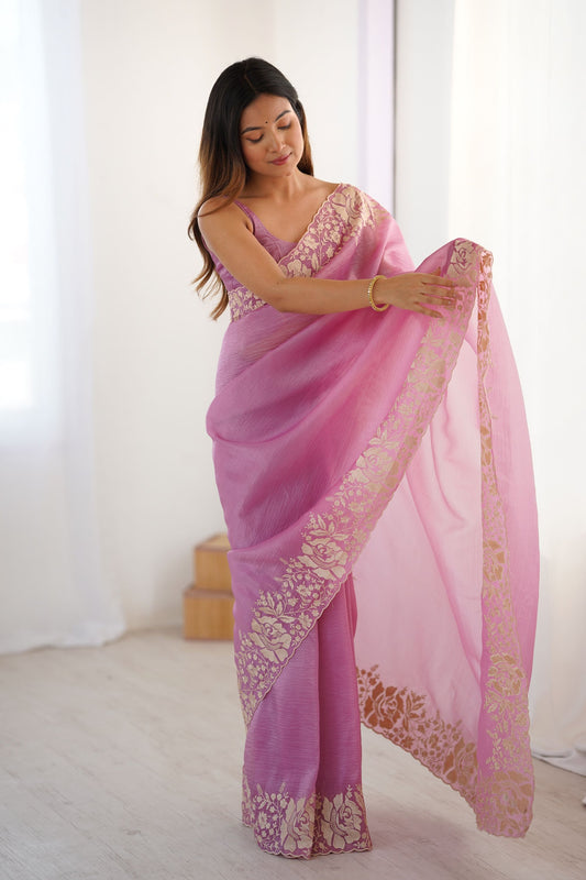 Pink Designer Saree Gold Floral Zari Border Party Wear Saree