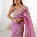 Pink Designer Saree Gold Floral Zari Border Party Wear Saree