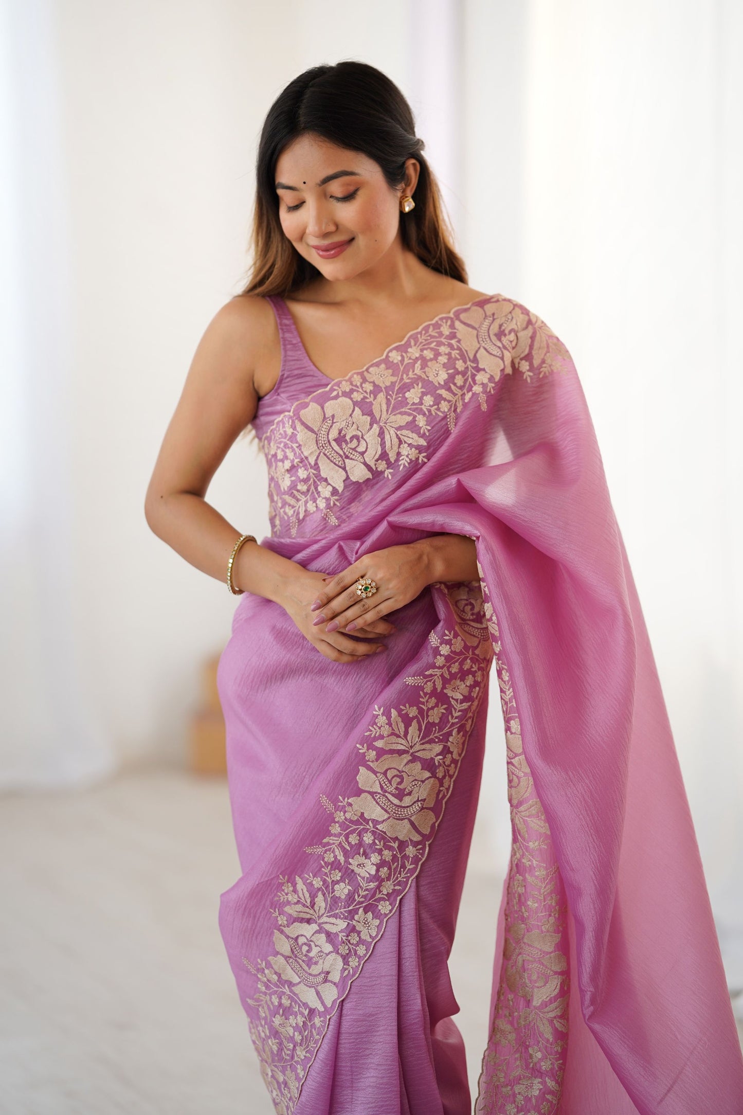 Pink Designer Saree Gold Floral Zari Border Party Wear Saree