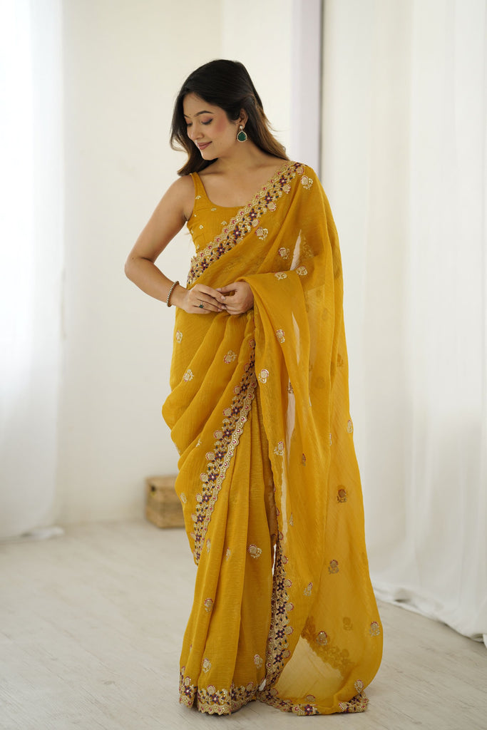 Mustard Yellow Designer Saree Embroidered Border Party Wear Saree 