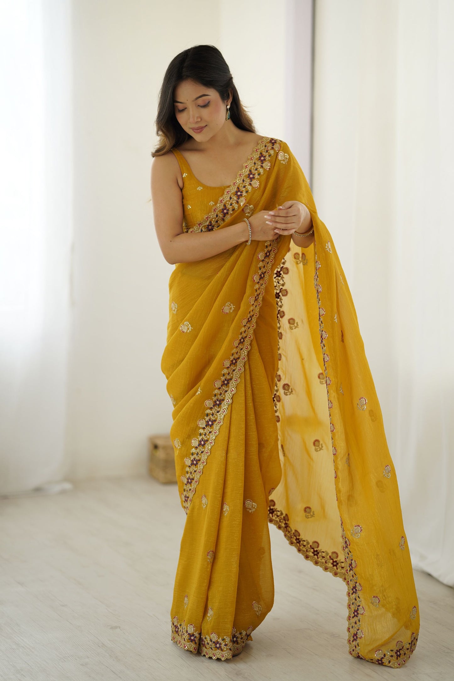 Mustard Yellow Designer Saree Embroidered Border Party Wear Saree