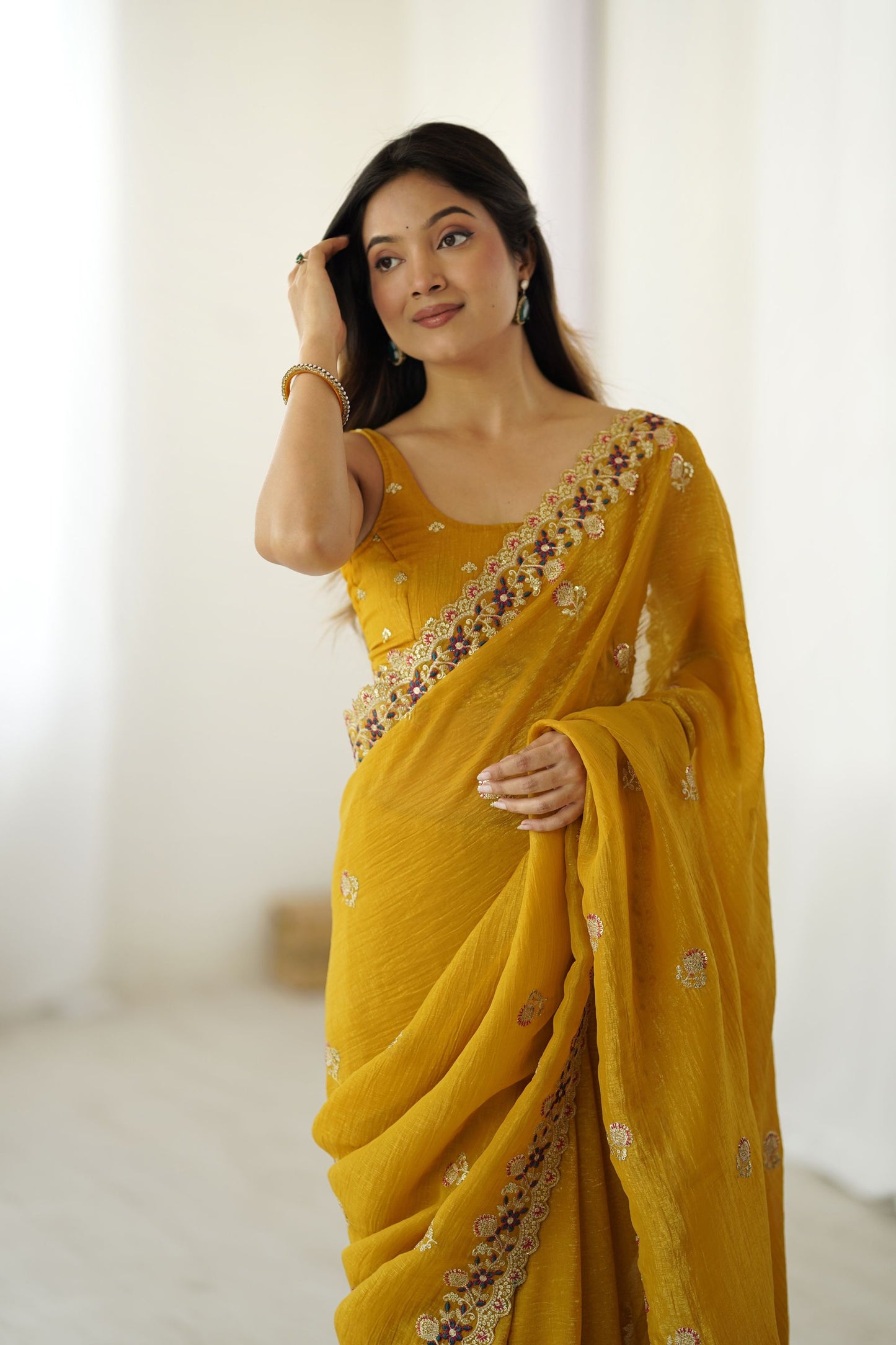 Mustard Yellow Designer Saree Embroidered Border Party Wear Saree