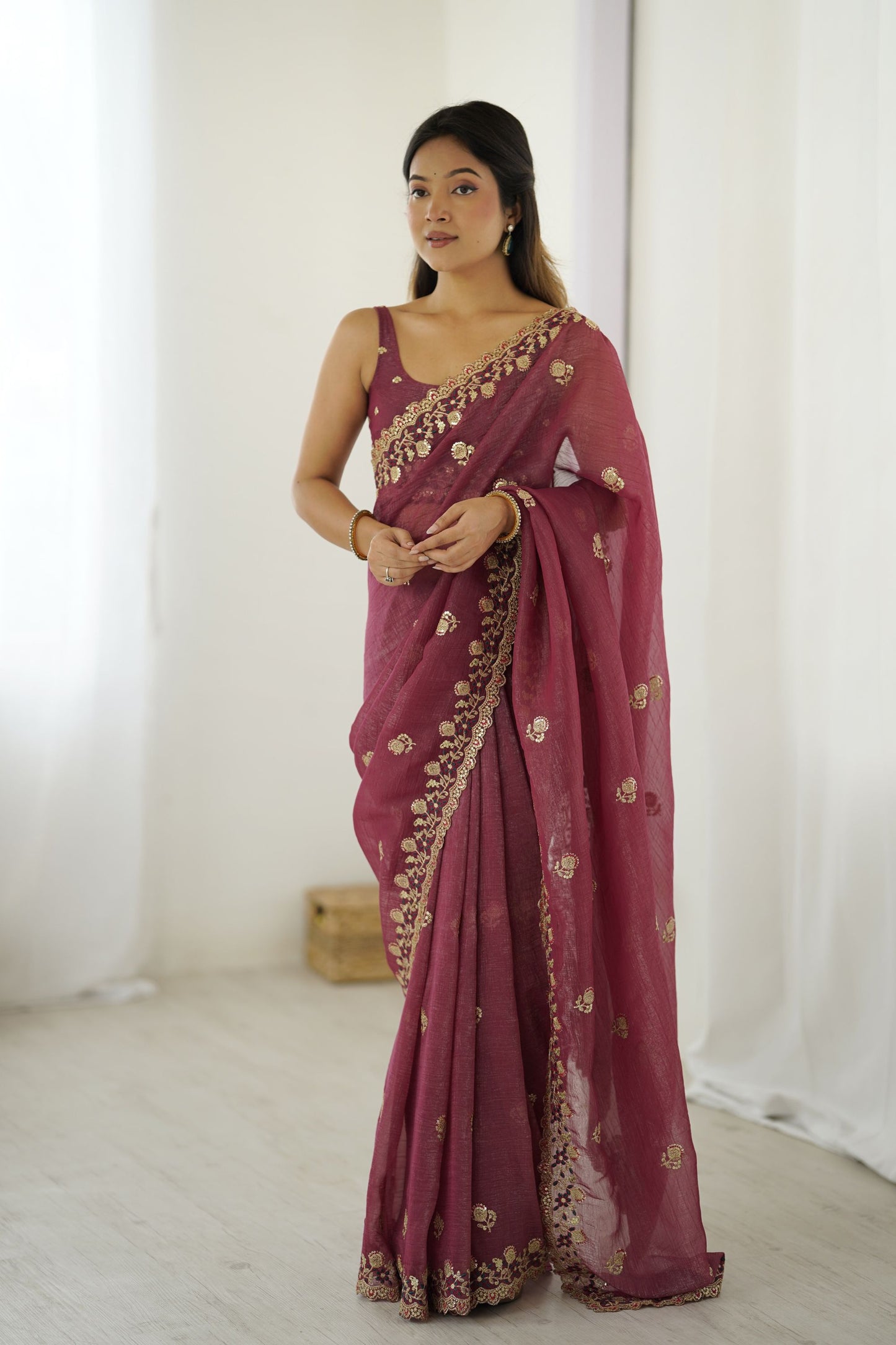 Maroon Designer Saree Gold Embroidered Border Party Wear Saree 